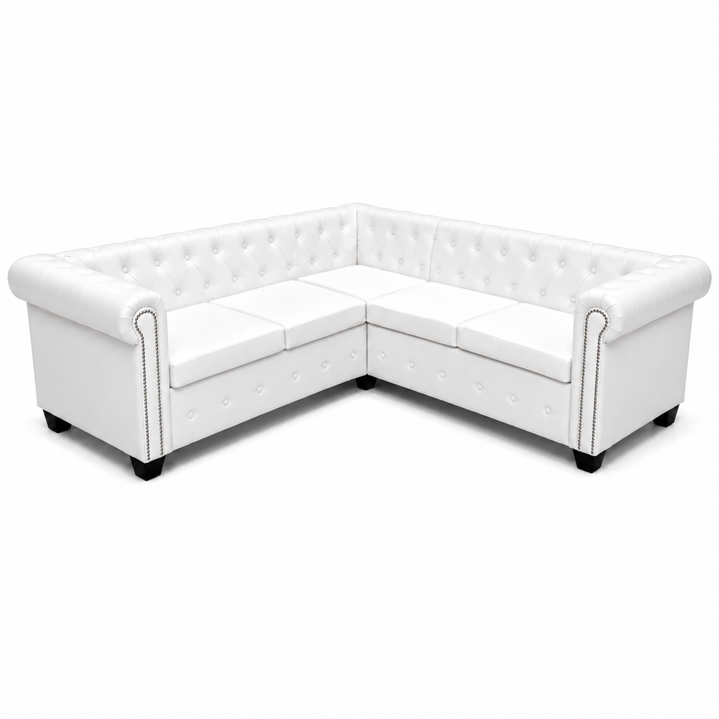 Canapé d'angle Chesterfield 5 places blanc cuir artificiel