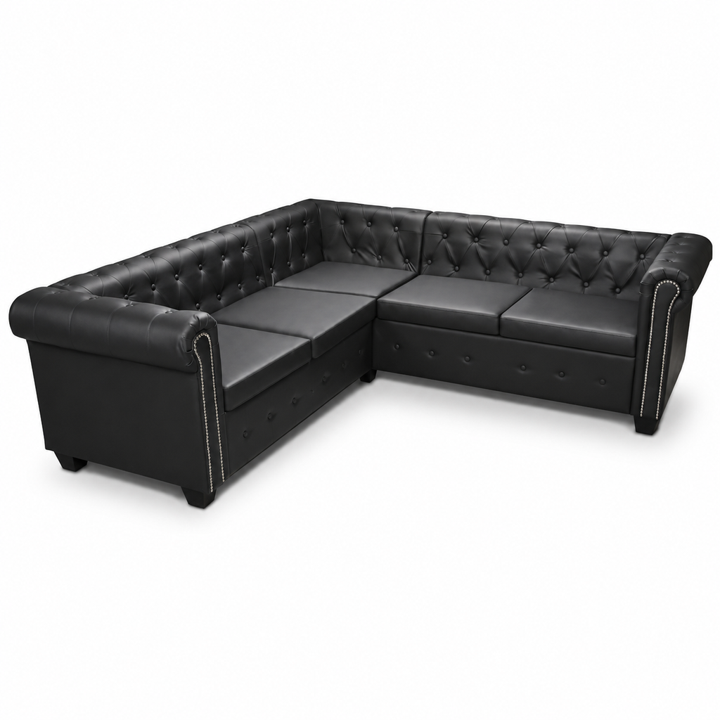 Canapé d'angle Chesterfield 5 places noir cuir artificiel