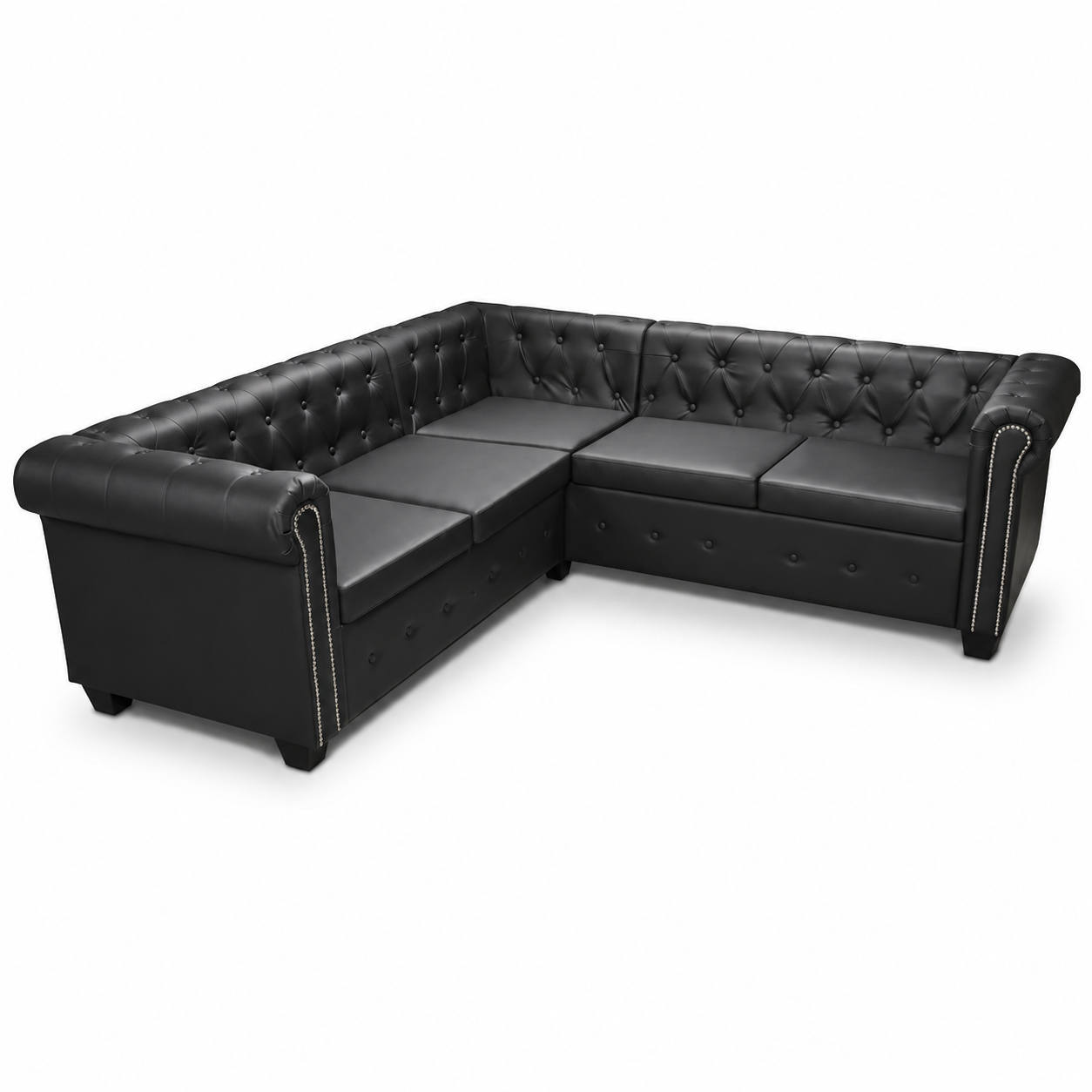 Canapé d'angle Chesterfield 5 places noir cuir artificiel