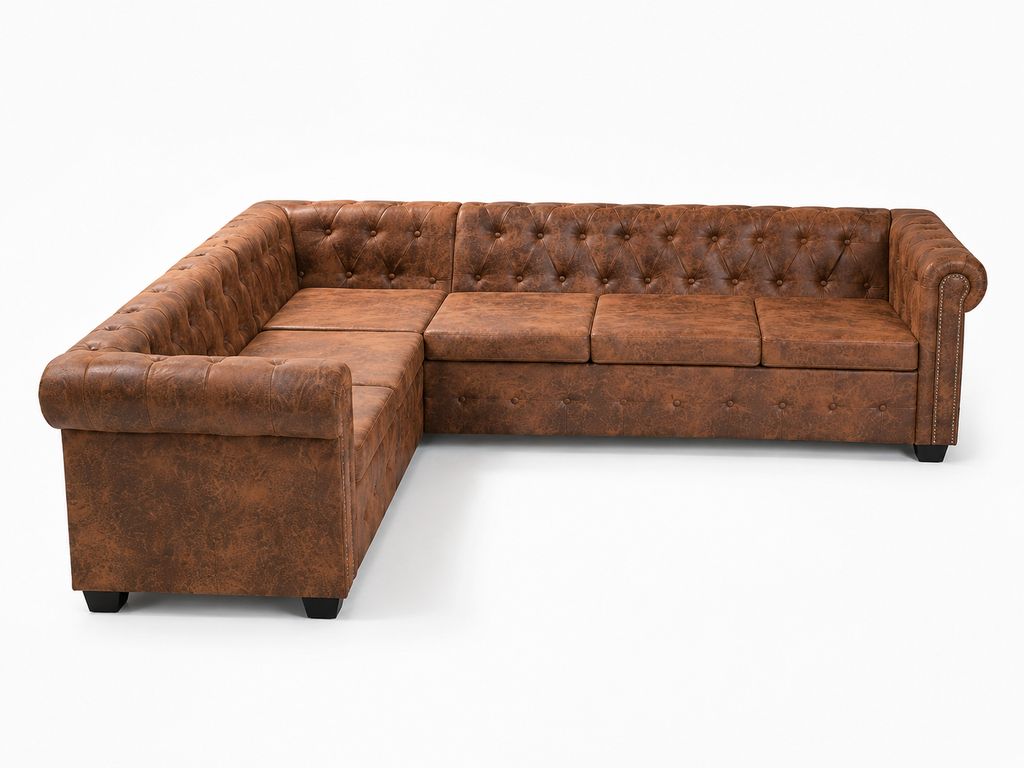 Canapé d'angle Chesterfield 6 places marron cuir artificiel
