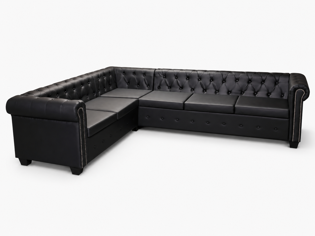 Canapé d'angle Chesterfield 6 places noir cuir artificiel