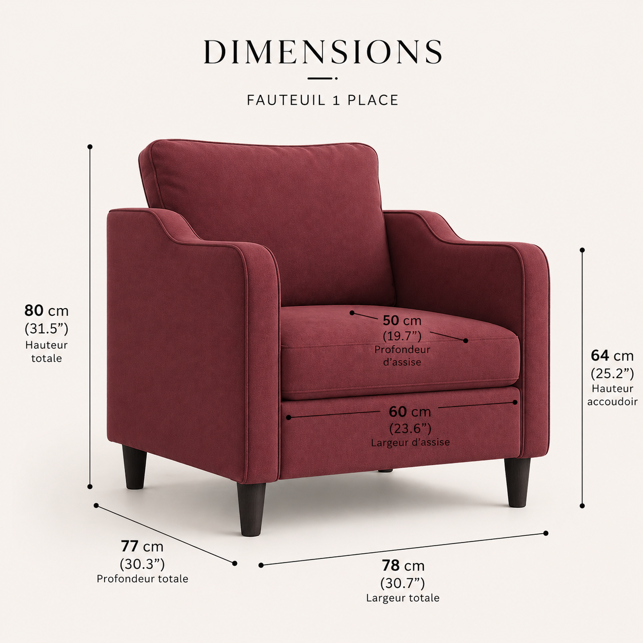 Fauteuil de salon rouge bordeaux en tissu