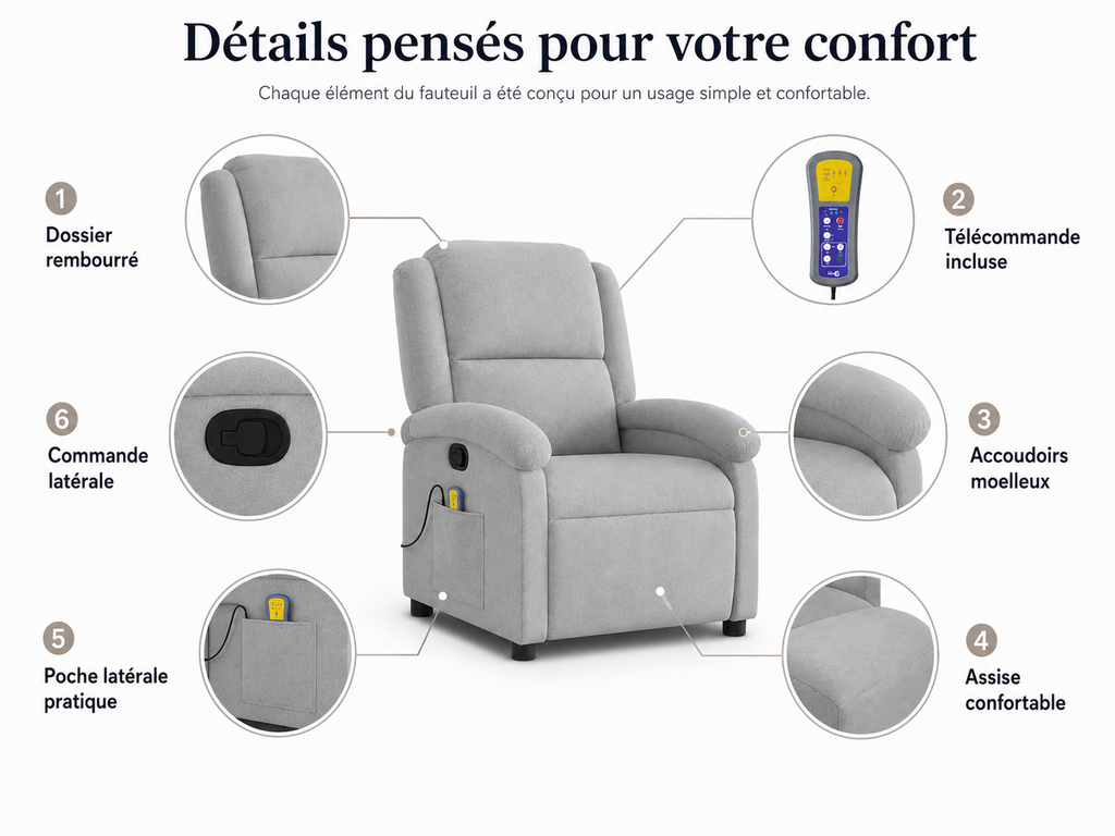 Fauteuil inclinable électrique de massage en velours |Plusieurs coloris