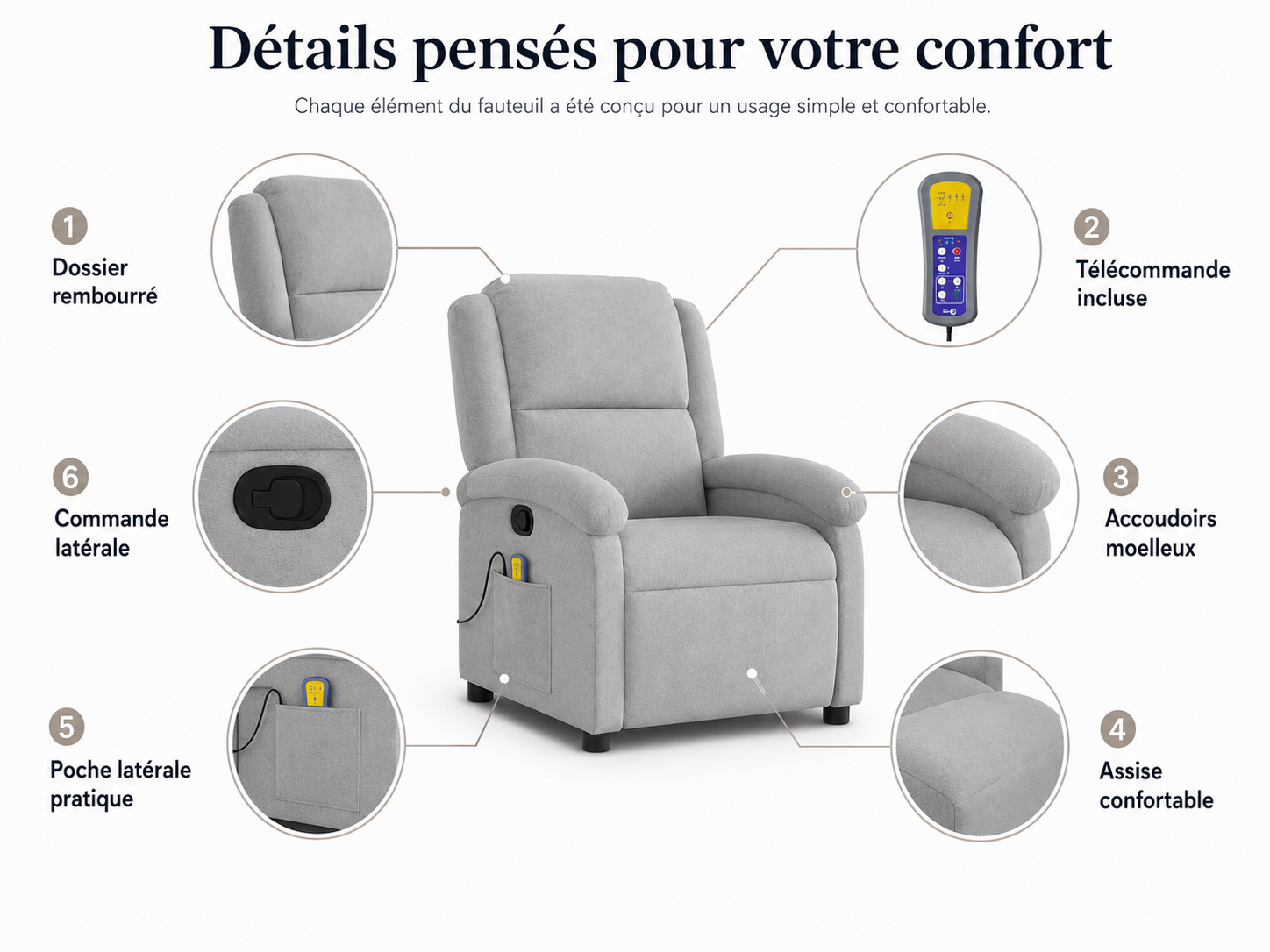 Fauteuil inclinable électrique de massage en velours |Plusieurs coloris