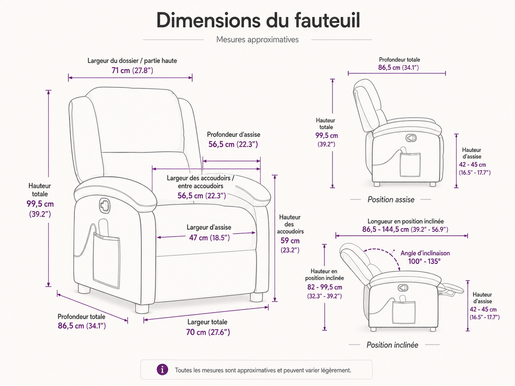 Fauteuil inclinable électrique de massage en velours |Plusieurs coloris