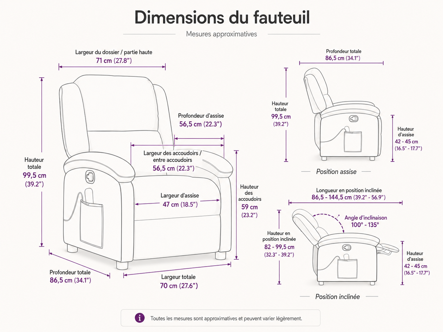 Fauteuil inclinable électrique de massage en velours |Plusieurs coloris