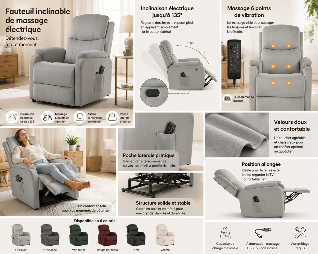 Fauteuil inclinable électrique de massage en velours |Plusieurs coloris