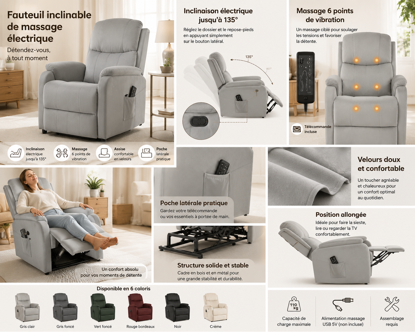 Fauteuil inclinable électrique de massage en velours |Plusieurs coloris