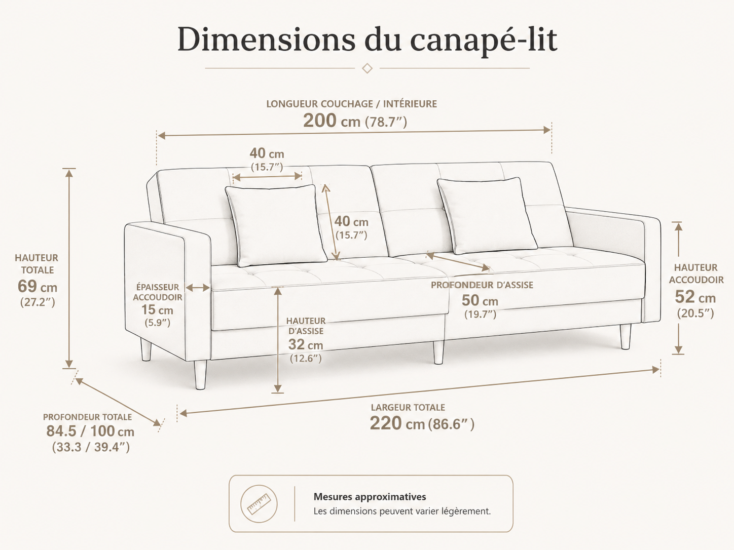 Canapé-lit convertible en tissu avec ou sans accoudoirs