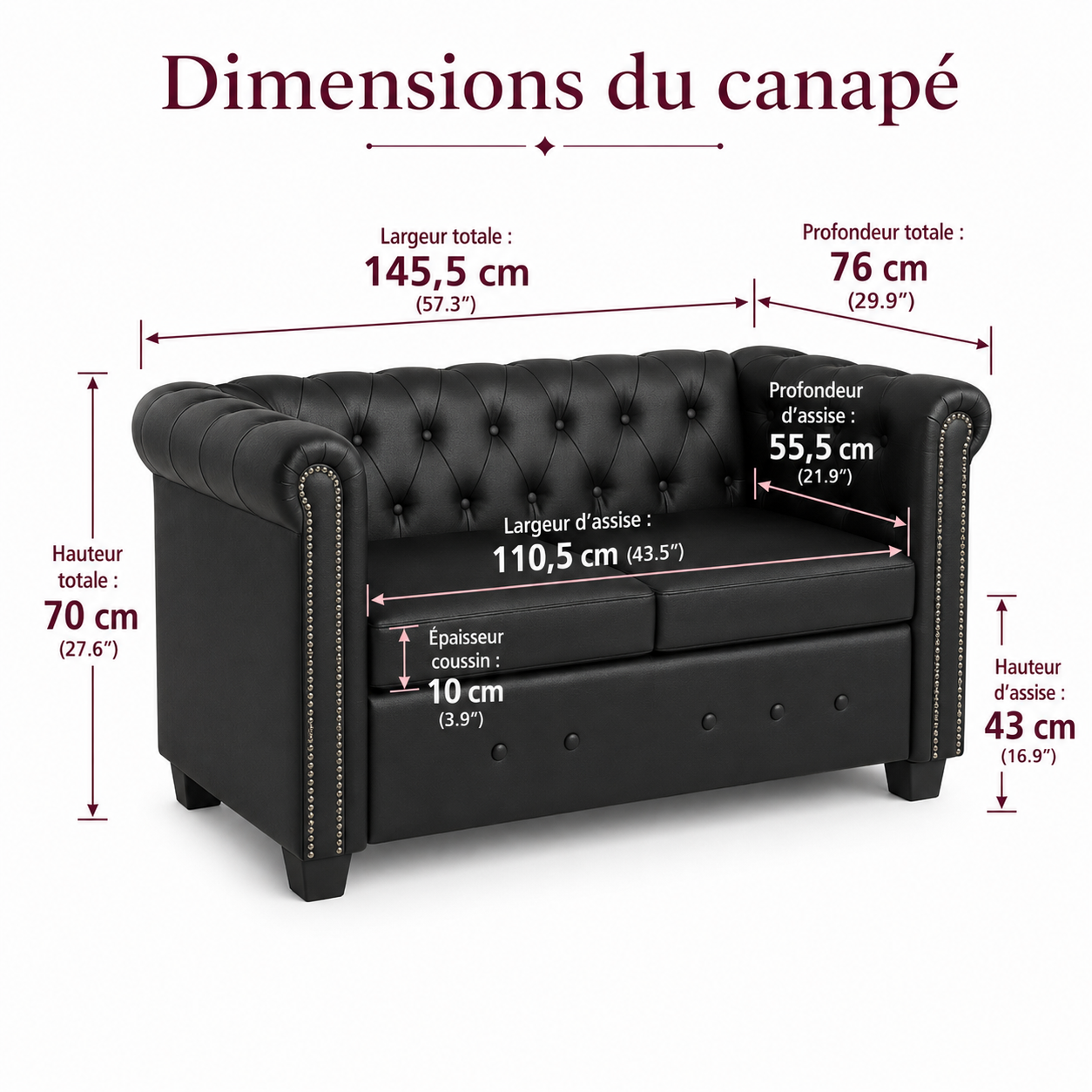Canapé 2 places Chesterfield en similicuir