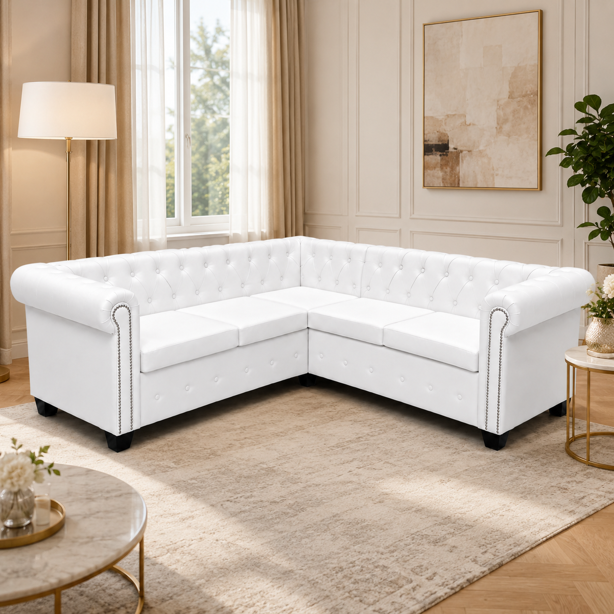 Canapé d'angle Chesterfield 5 places blanc cuir artificiel