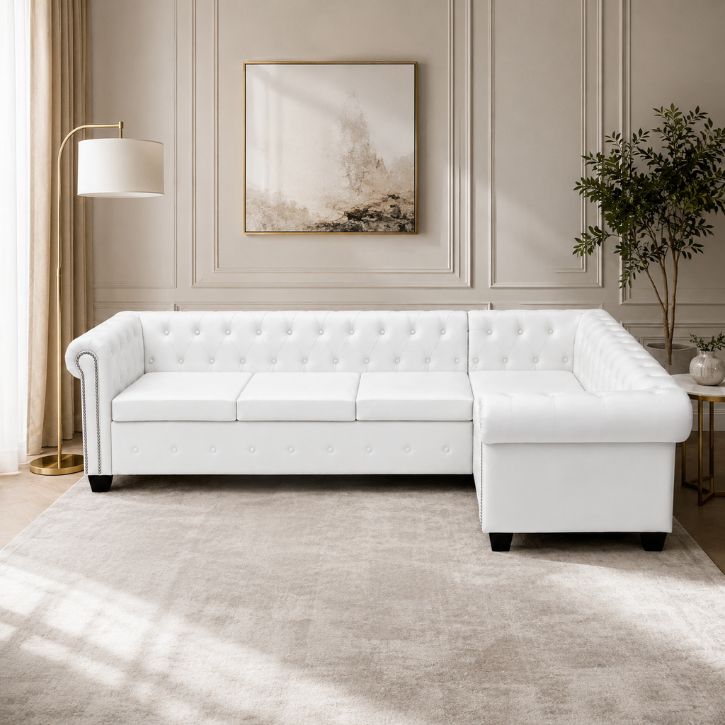 Canapé d'angle Chesterfield 5 places blanc cuir artificiel