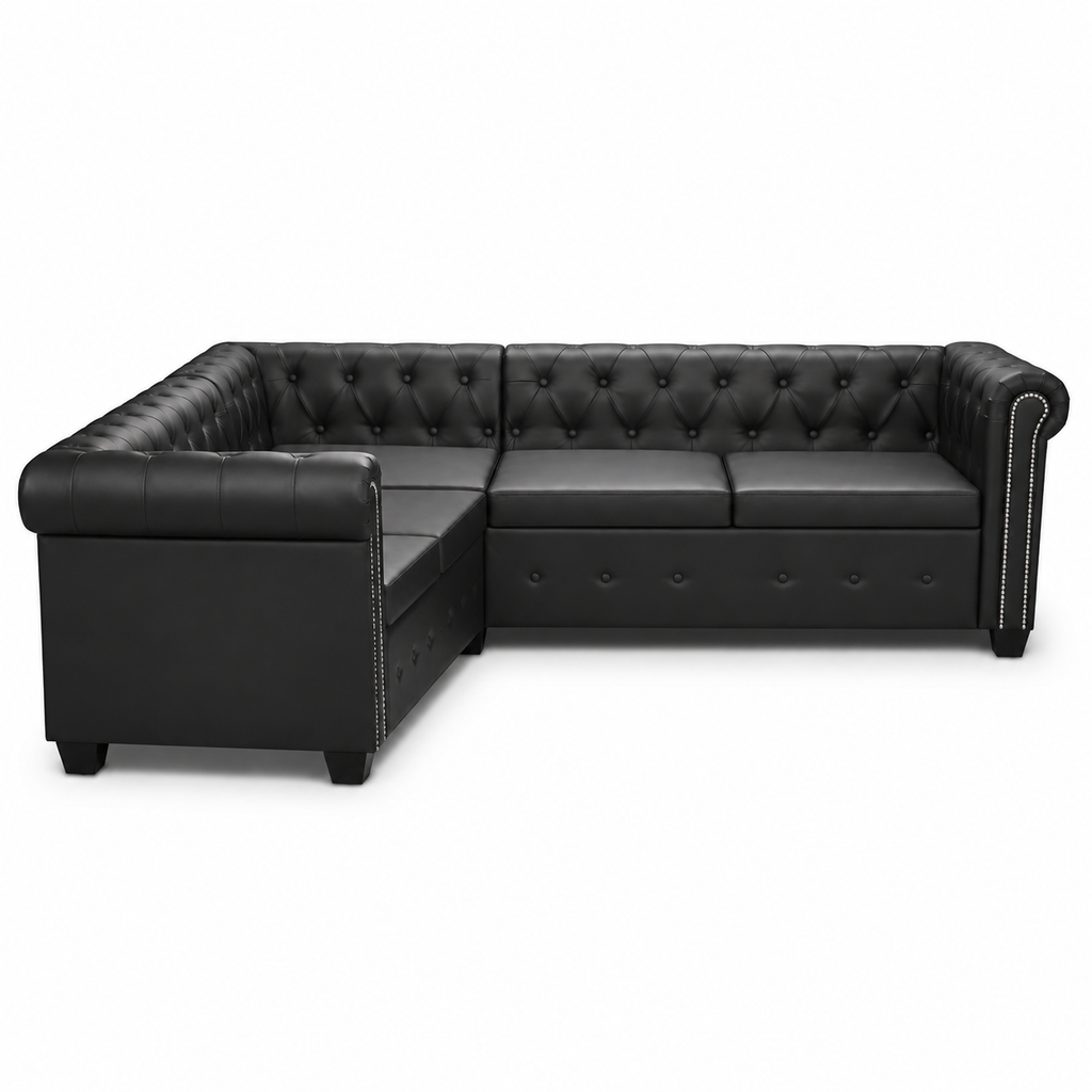 Canapé d'angle Chesterfield 5 places noir cuir artificiel