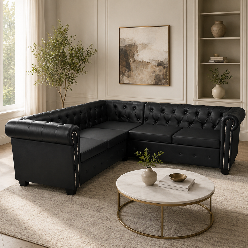 Canapé d'angle Chesterfield 5 places noir cuir artificiel