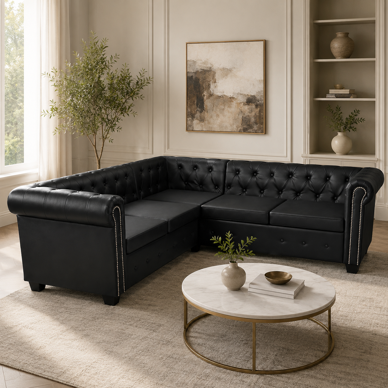 Canapé d'angle Chesterfield 5 places noir cuir artificiel