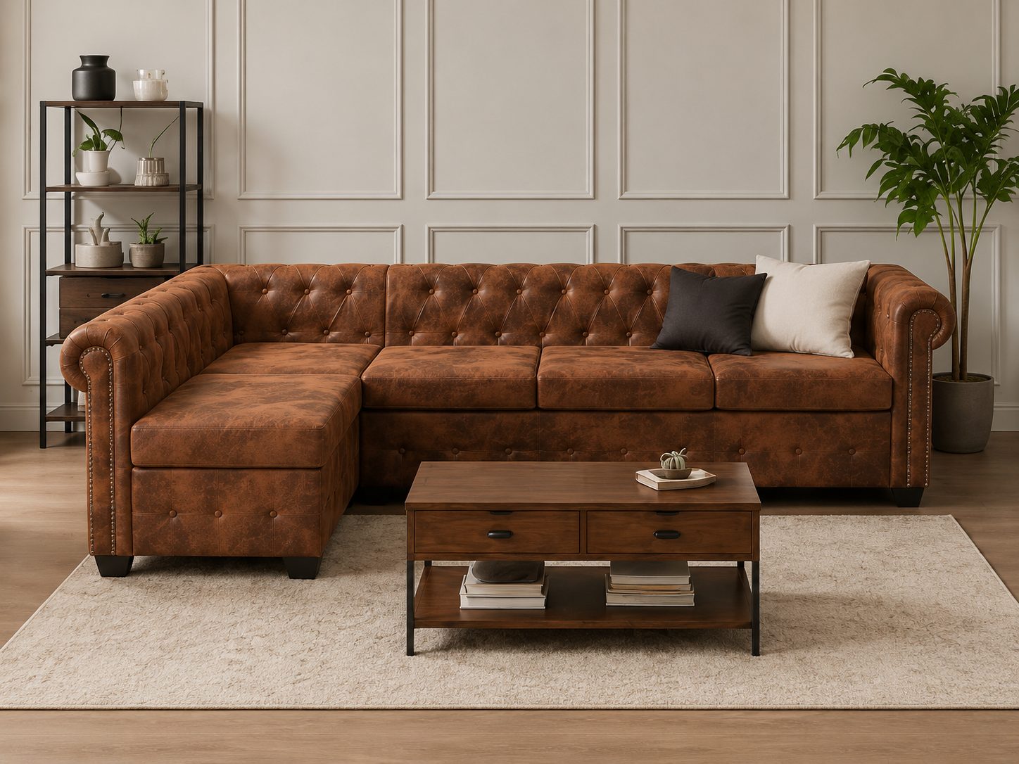 Canapé d'angle Chesterfield 6 places marron cuir artificiel