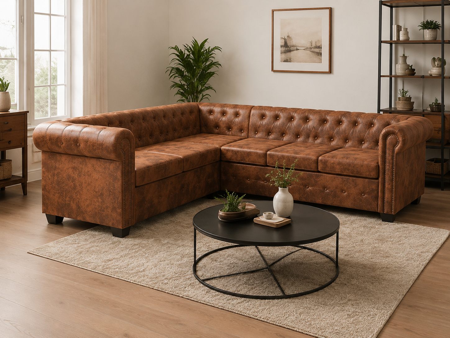 Canapé d'angle Chesterfield 6 places marron cuir artificiel
