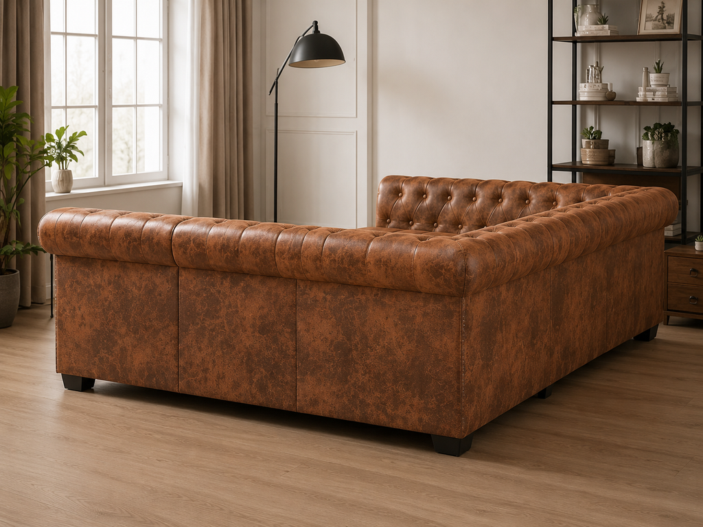 Canapé d'angle Chesterfield 6 places marron cuir artificiel