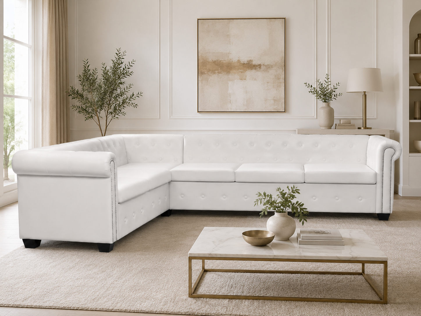 Canapé d'angle Chesterfield 6 places blanc cuir artificiel