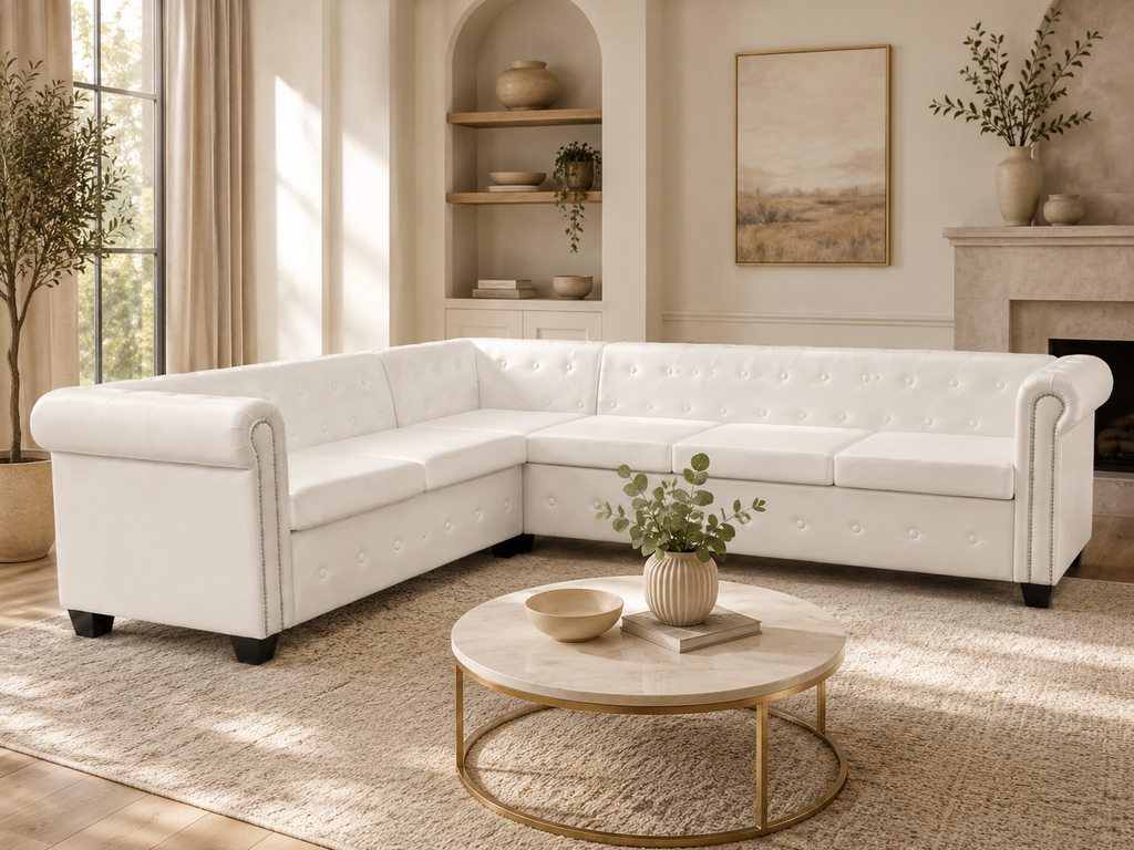 Canapé d'angle Chesterfield 6 places blanc cuir artificiel