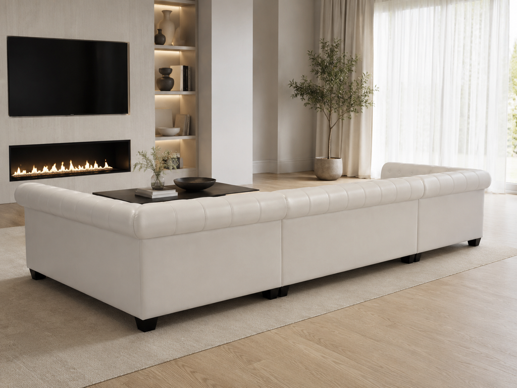 Canapé d'angle Chesterfield 6 places blanc cuir artificiel