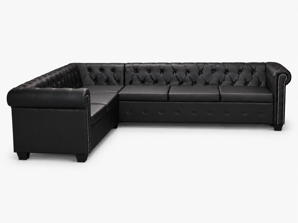 Canapé d'angle Chesterfield 6 places noir cuir artificiel