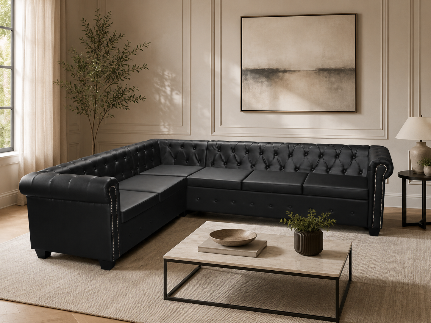 Canapé d'angle Chesterfield 6 places noir cuir artificiel