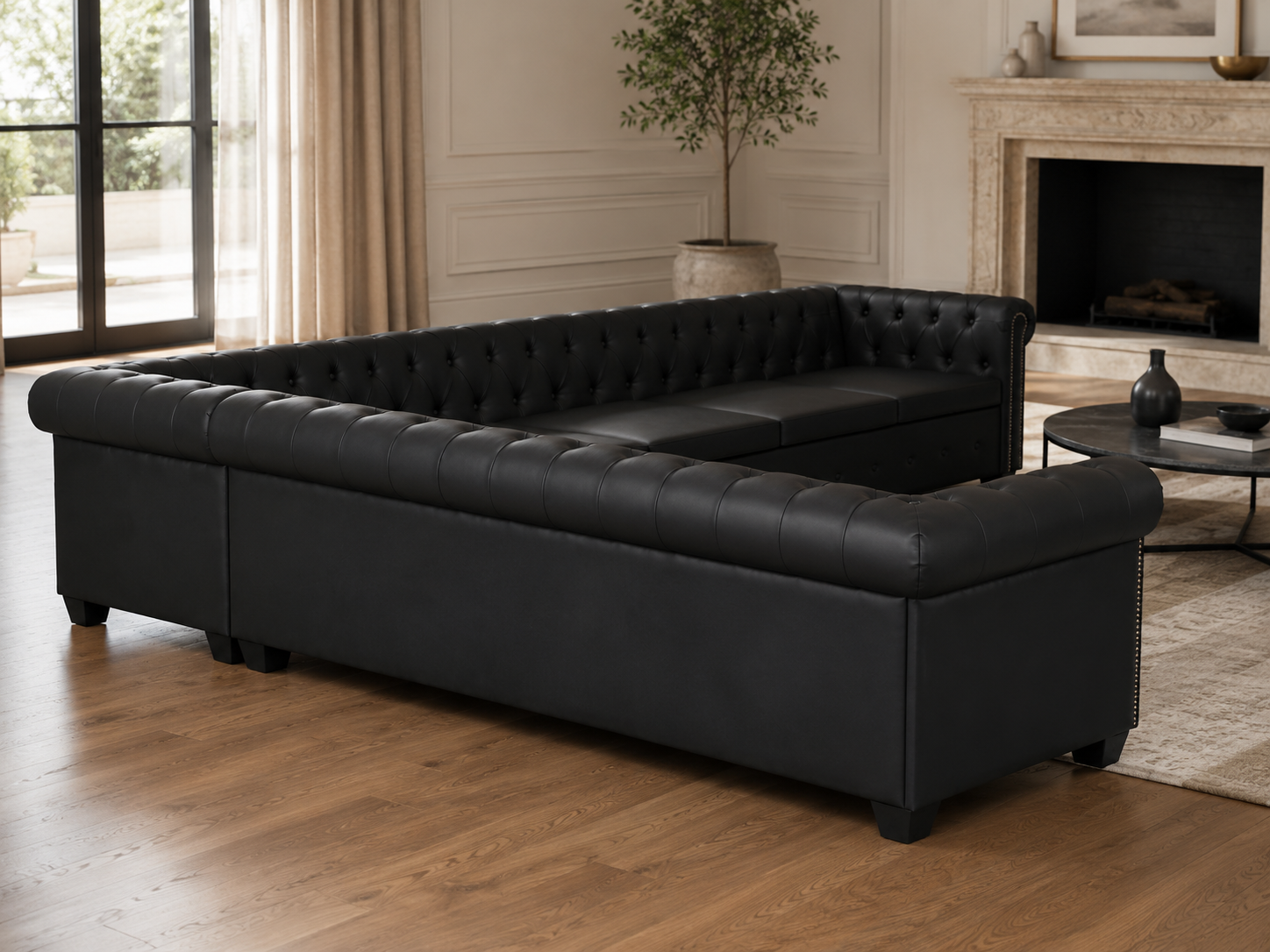 Canapé d'angle Chesterfield 6 places noir cuir artificiel