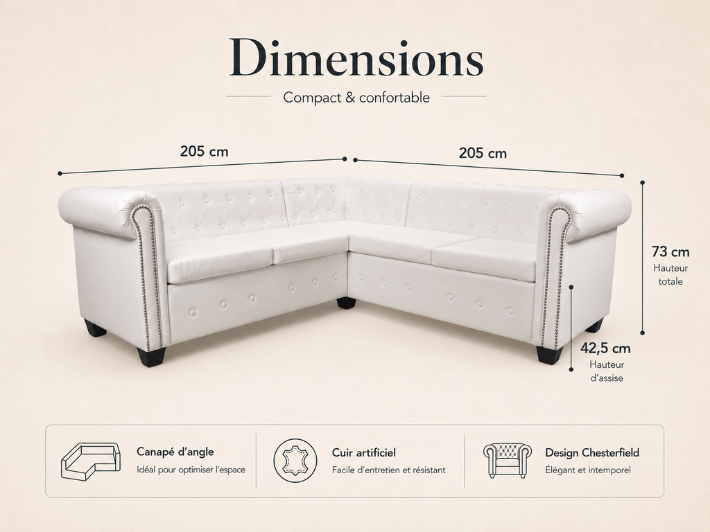Canapé d'angle Chesterfield 5 places blanc cuir artificiel
