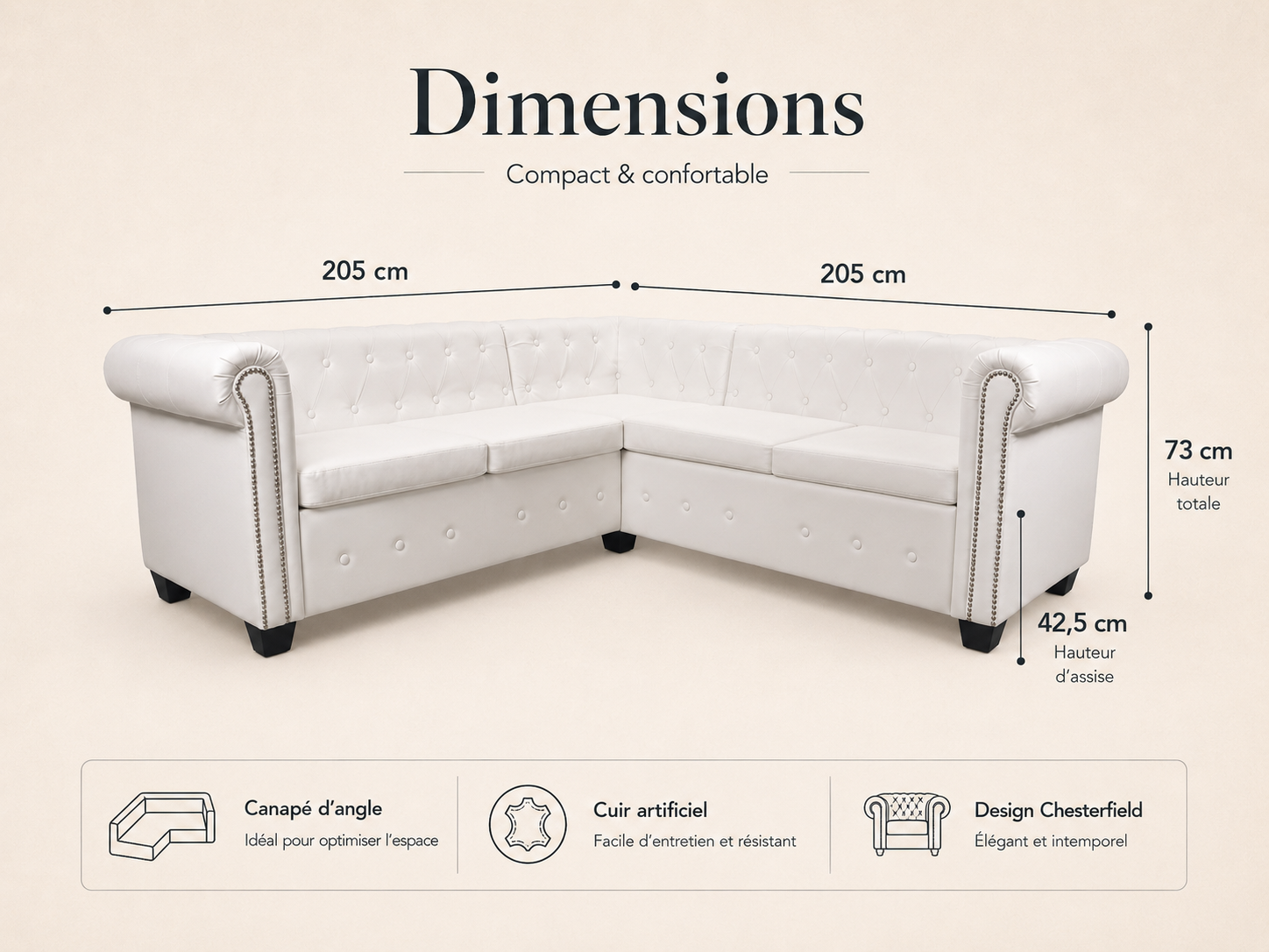 Canapé d'angle Chesterfield 5 places blanc cuir artificiel