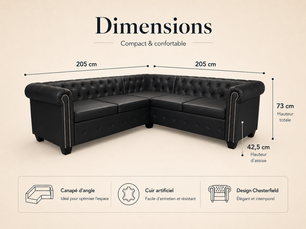 Canapé d'angle Chesterfield 5 places noir cuir artificiel