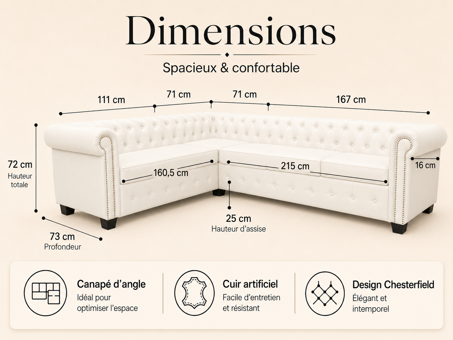 Canapé d'angle Chesterfield 6 places blanc cuir artificiel