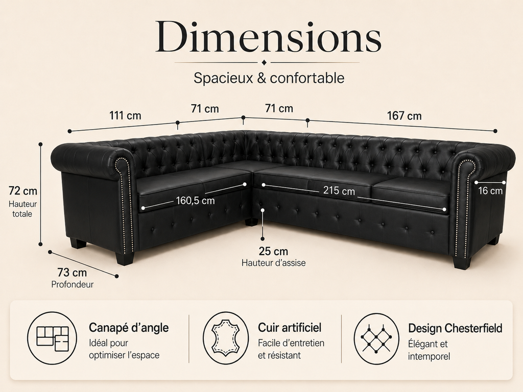 Canapé d'angle Chesterfield 6 places noir cuir artificiel