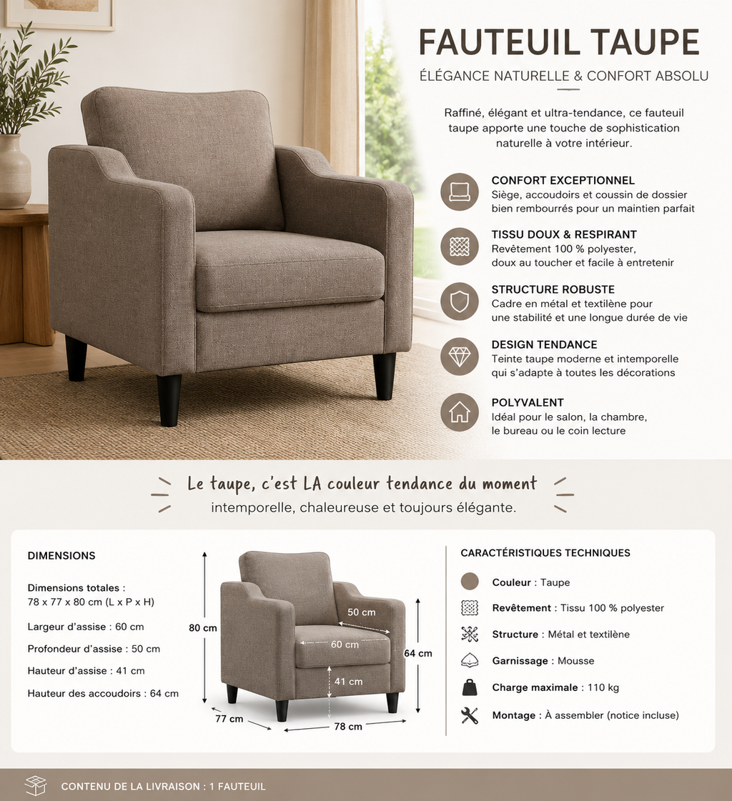 Fauteuil de salon taupe en tissu