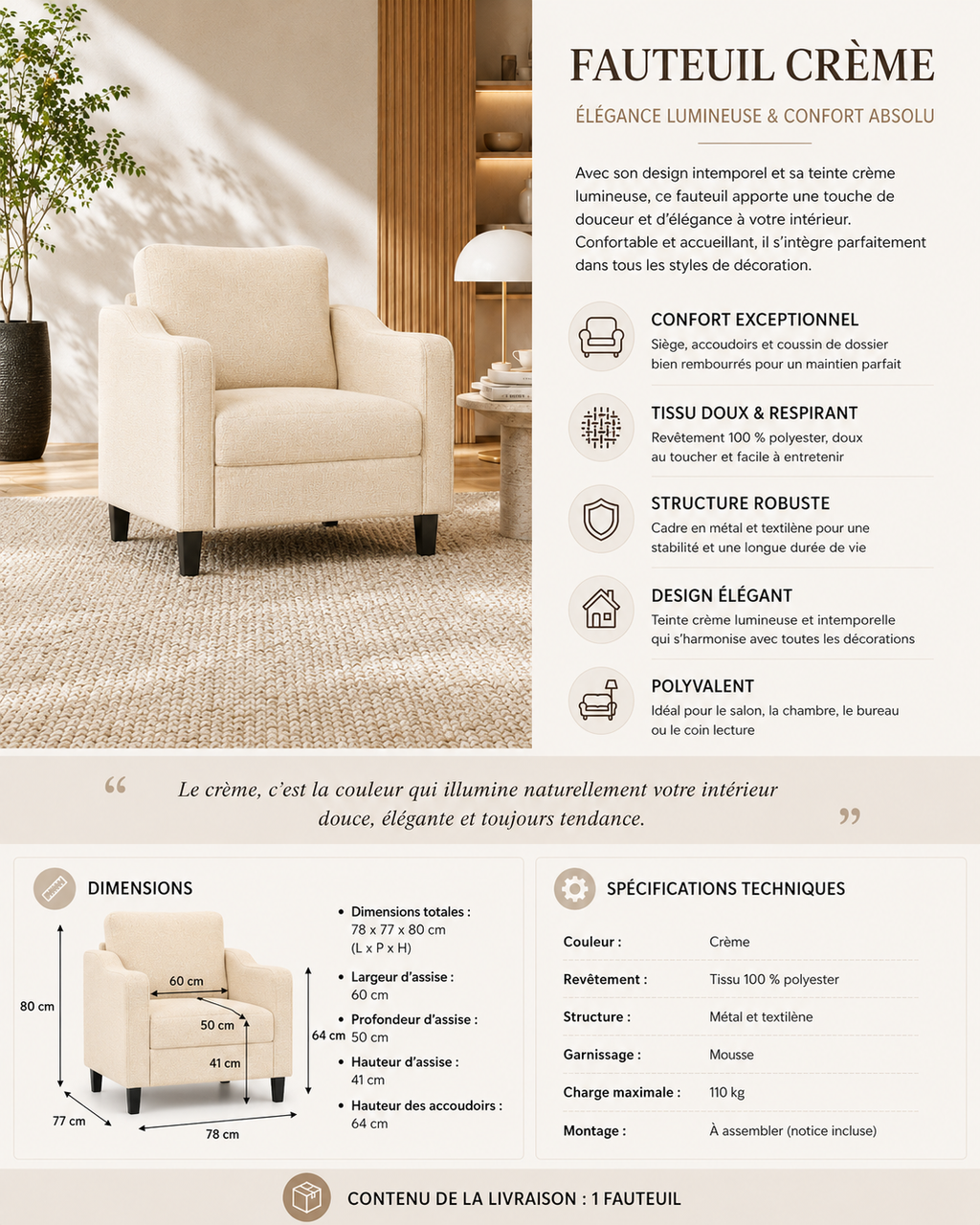Fauteuil de salon crème en tissu