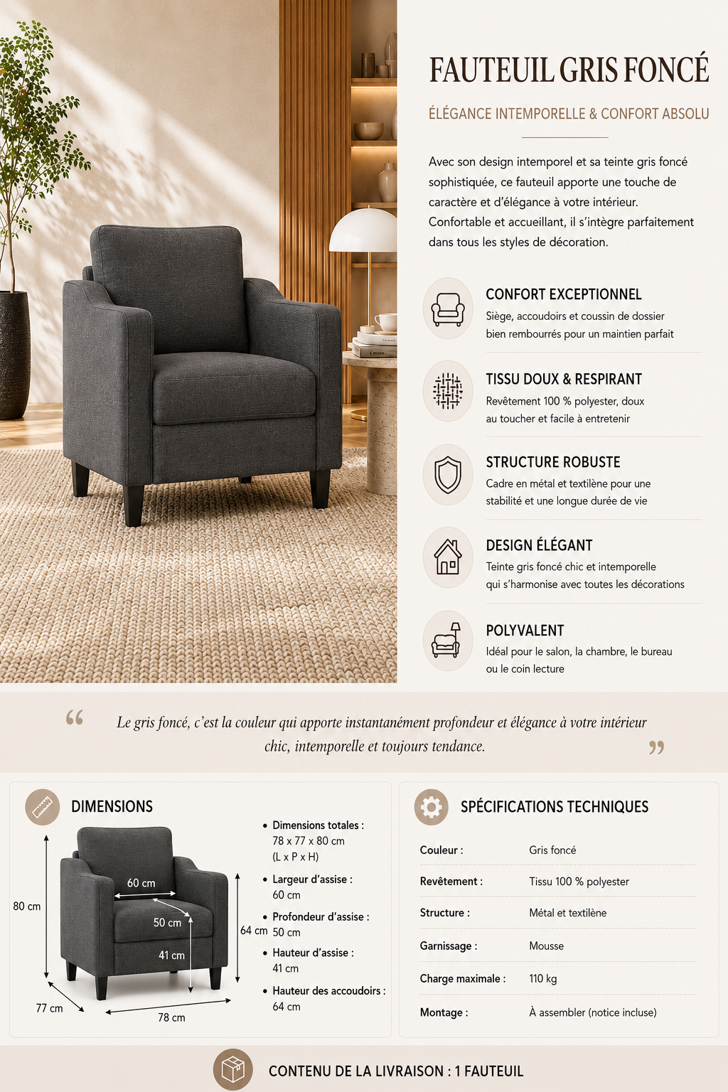 Fauteuil de salon gris foncé en tissu